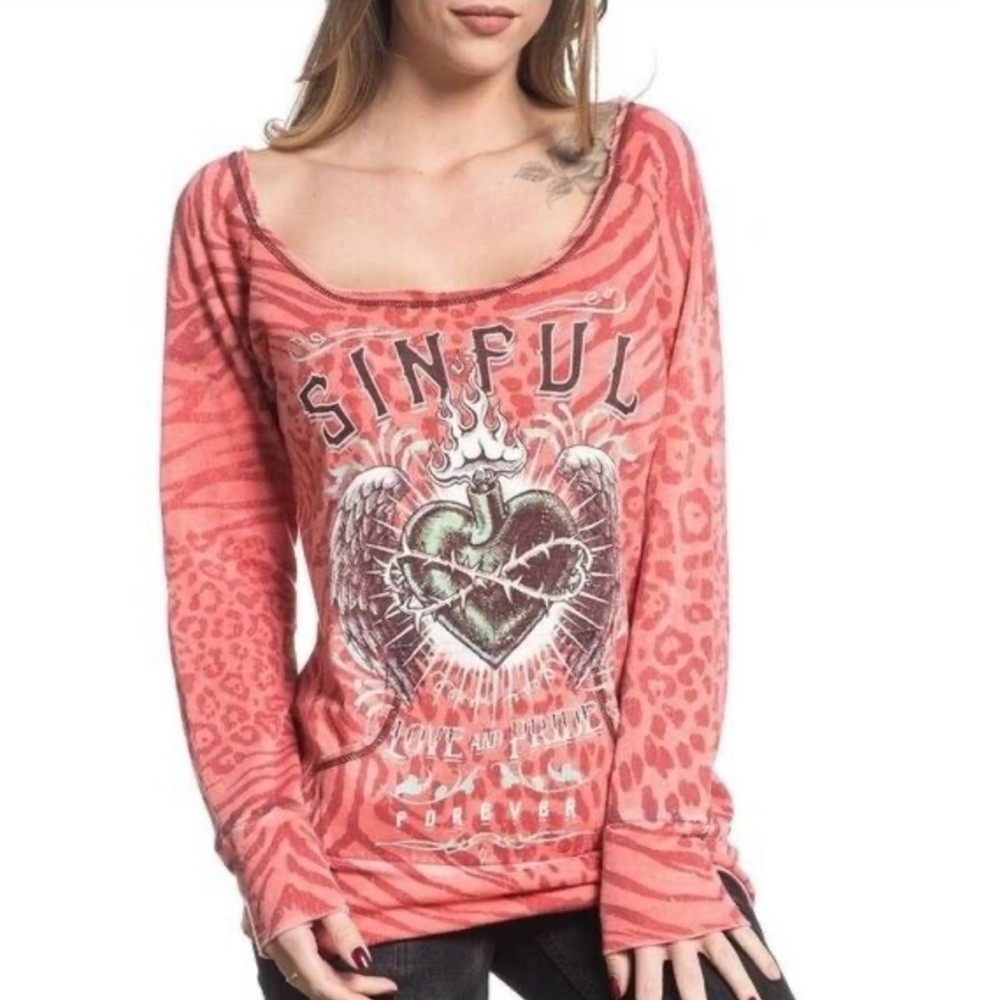 NWOT Sinful by Affliction wide neckline top women’s sz S